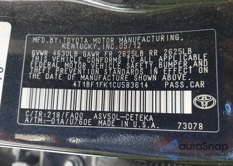 2012 Toyota Camry L z USA, uszkodzony, nr VIN 4T1BF1FK1CU583614